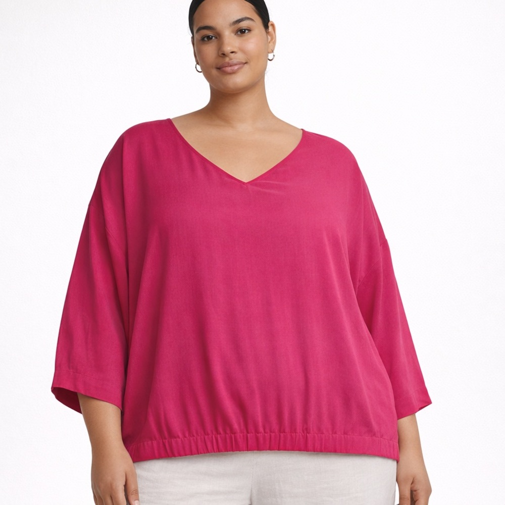 Eileen Fisher Silk Georgette V-Neck Top 3X Fuchsia Pink Lagenlook Minimalist